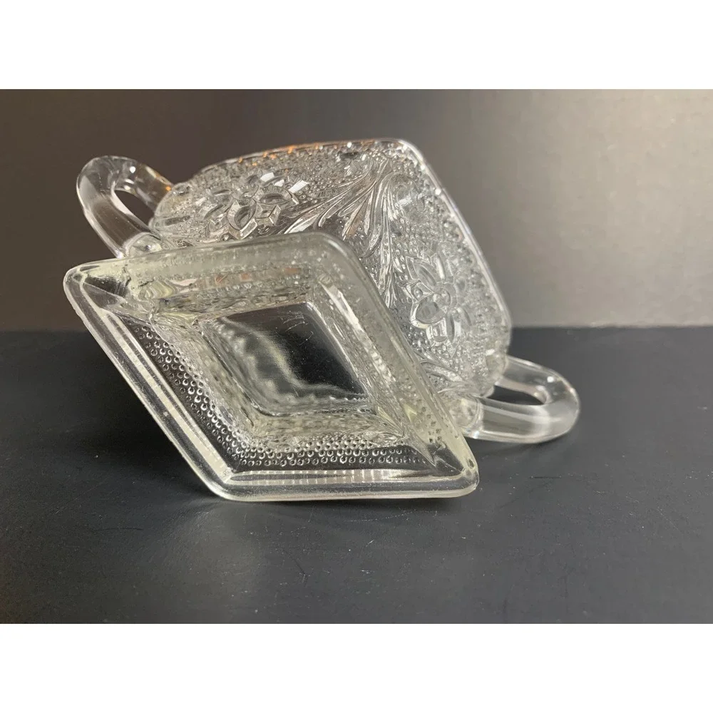Vintage Clear Pressed Glass Sugar Bowl Diamond Point Floral Scroll Double Handle
